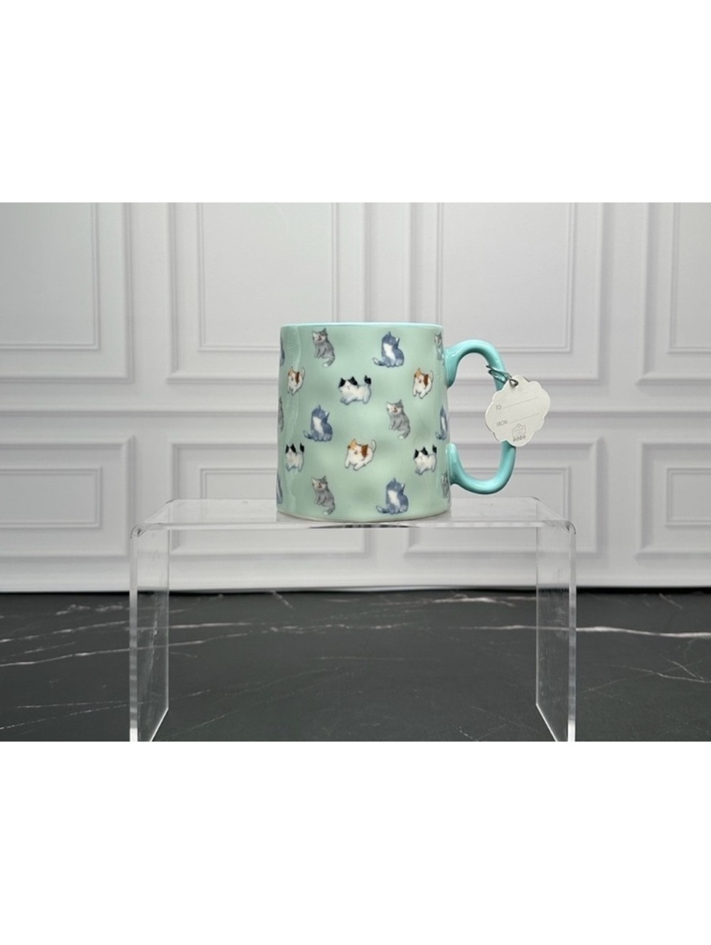 Cute Cat Pattern Coffee Mug with Light Blue Handle